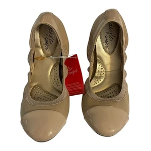 New Dexflex Scrunch Flat Shoes Ballet Comfort Claire Nude Size 8 Patent Trim - Picture 1 of 9