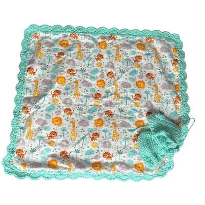 Conjunto de botas cobertor de recepção de bebê feitas à mão animais de safári borda de crochê - Imagem 1 de 4