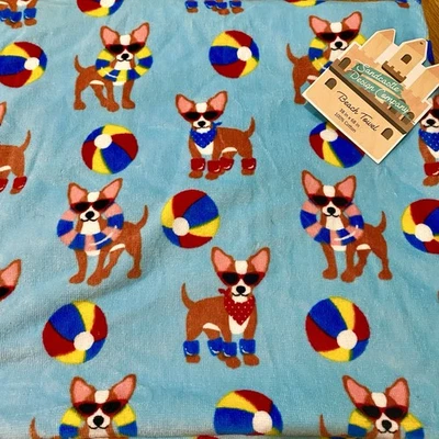 Toalha de praia Chihuahua lisa bola de praia diversão verão azul 38”x68” algodão - Imagem 1 de 4