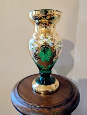 Vintage Czech Bohemian Egermann Green 24k Gold Enamel Floral Glass Vase 10" - Image 1 of 4