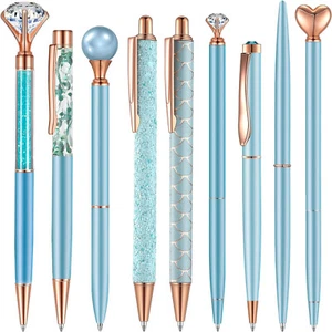 9 Pcs Ballpoint Pens Set BLUE Metal Crystal Diamond Pen Glitter Black Ink - Picture 1 of 1