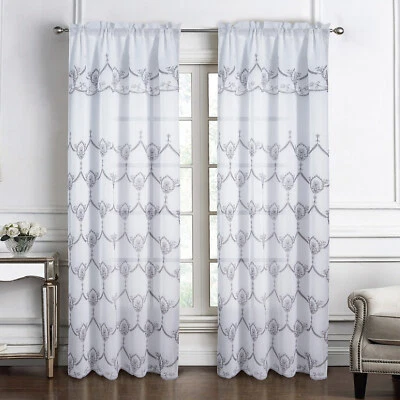 Panel de bolsillo de varilla bordada Rochelle con cenefa adjunta, 54x90 pulgadas Foto 1 de 4