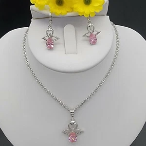 My Guardian Angel Set. Rhodium Plated Necklace & Earrings Clear - Pink Crystals  - Picture 1 of 7