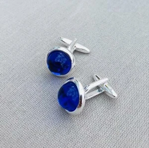 Fabulous Solid 935 Argentium Silver Men's Round Cut Sapphire Beautiful Cufflinks - Picture 1 of 4