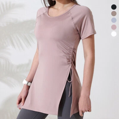 Mujeres Camisas de Entrenamiento Manga Corta Yoga Fitness Cordón Lateral Dividido Deportes Top Foto 1 de 4