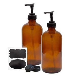 16oz Amber Glass Pump Bottles w/ Black Soap Dispensers, 2pk - Picture 1 of 10