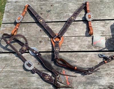 Circle Y Marlene McRae crystal flower Western headstall & breast collar tack set - Image 1 of 4