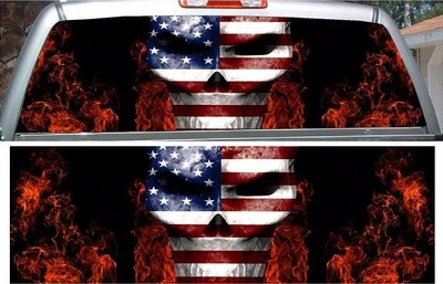 Fire flame American Flag skull rear window view thru graphic film - Image 1 of 2