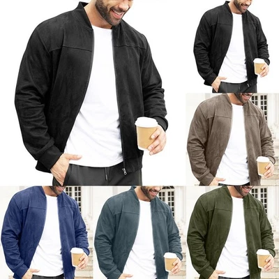 Mens Casual Suede Jacket Zipper Front Stand Collar Solid Color Outerwear Coat - Image 1 of 4