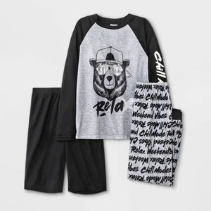 Jellifish Kids 3pc Bear Pajama Set M Gray Black Relax Chill Pants Shirt Shorts - Picture 1 of 5