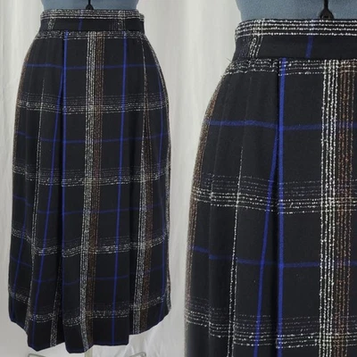 Vintage Xia Lined Wool Skirt in Black w Brown/White/Blue Plaid Size 10 - Image 1 of 4