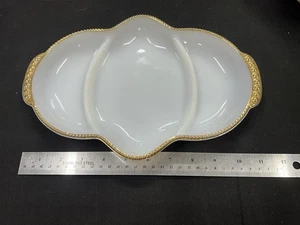 Vintage Feuerkönig Milchglas drei Fächer ovale Servierschale mit Goldrand - Bild 1 von 2