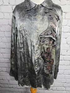 CITRON Santa Monica Silk Top Womens L Gray Japanese Kimono Button Up Blouse Art - Picture 1 of 10