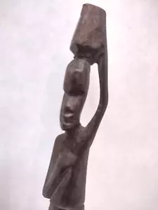 Black wooden sculpture of an AFRICAN Art HOLDING BASKET ON HEAD - Picture 1 of 12
