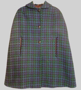 Vintage 1960s Welsh Wool Tapestry Cape Coat, Black Blue Green, by Eclipse S M - Picture 1 of 7