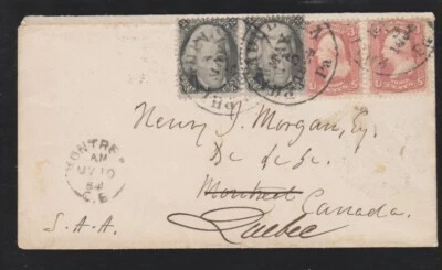 Scott 73 & Scott 65 horizontal pairs on cover Phila to Montreal forwarded Quebec - Image 1 of 2