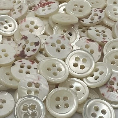 White Trocas Oyster Shell Shirting Button w/Rim Red Speck Back 11mm 7/16"  4hole - Image 1 of 3