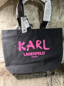 NWT KARL LAGERFELD PARIS KRISTEN BLACK CANVAS LARGE SHOPPING TOTE BAG - Picture 1 of 7