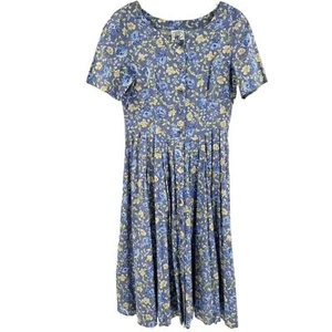 VTG Laura Ashley 80s 90s Floral Prairie Midi Cottagecore Dress Blue Sz 8 Button - Picture 1 of 6