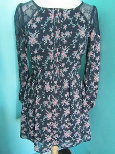 LADIES ATMOSPHERE NAVY BLUE/FLORAL PRINT DRESS LACE SHOULDERS/BACK SHEER SLEEVE - Picture 1 of 12