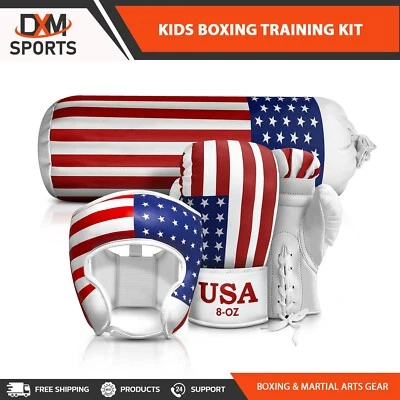 Kit de Boxeo DXM SPORTS Niños Bandera de EE. UU. Entrenamiento Saco de Boxeo Guantes y Protector para la Cabeza Set Foto 1 de 4