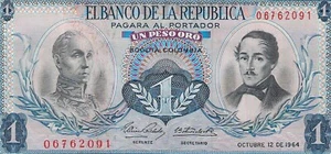 Colombia P-404b 1 Peso 12-10-1964 AU - Picture 1 of 2