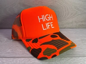 NEW HIGH LIFE ORANGE CAMO HAT 5 PANEL HIGH CROWN TRUCKER SNAPBACK THROWBACK - Picture 1 of 2