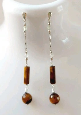 Orecchini pendenti in argento 925 con occhio di tigre, prenite naturale ematite  - Immagine 1 di 4