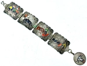 Vintage silberfarbenes Armband bemalt Emaille Matador Stierkampf Szene 7 Zoll - Bild 1 von 8
