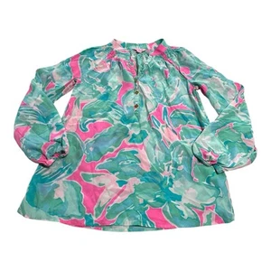 Lilly Pulitzer Elsa 100% Silk Long Balloon Sleeve Top Women’s XS Henley Button - Picture 1 of 11