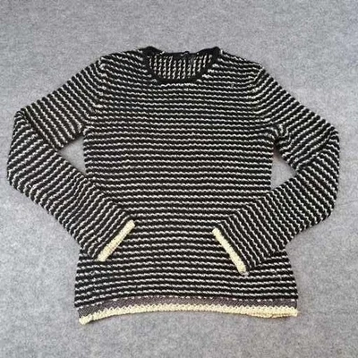Suéter Theory Mujer Pequeño Negro Crema Rayas Pullover Tejido Mezcla Lana Yak Foto 1 de 4