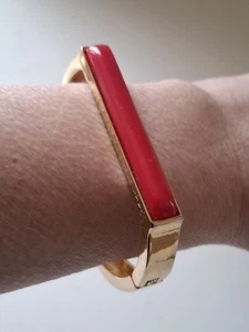 Gold Tone Hinged Bangle Faux Red Coral Stone - Picture 1 of 8