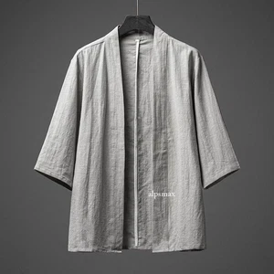 Men Casual Cotton Linen Kimono Open Front Cardigan Jacket Loose Yukata Top Soft - Picture 1 of 22