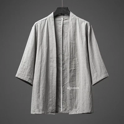 Men Casual Cotton Linen Kimono Open Front Cardigan Jacket Loose Yukata Top Soft - Image 1 of 4