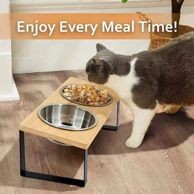 Erhöhte Futterstation aus Holz | 15° Neigung | Doppelnapf aus Edelstahl | Katzen - Bild 1 von 4