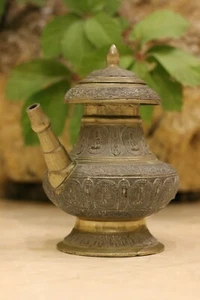 ANTIQUE INDIAN BRASS WATER POT WITHH SPOUT, DECORATED WITH BUDDHA IN LOTUS POSE - Picture 1 of 12
