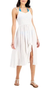 Miken Juniors' Smocked Midi Dress Cover-Up Swimsuit White Size M 3678 - Picture 1 of 2