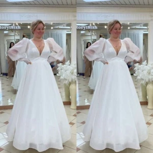 Simple Wedding Dresses V Neck Long Sleeves White Ivory A Line Plus Bridal Gowns - Picture 1 of 10