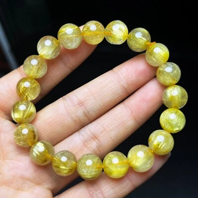 10mm Natural Gold Rutilated Quartz Stretch Crystal Beads Bracelet AAAA B28 - Image 1 of 4