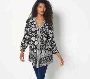 Susan Graver Printed 3/4 Sleeve Button Woven Cardigan A399673 - Picture 1 of 6