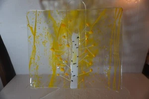 Fused Art Glass Plate Dish Lemon Yellow Aspen Tree Decorative Cottage Decor 9” x - Picture 1 of 6