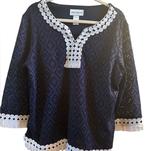 Alfred Dunner Woman's Sz Medium Boho Navy Blouse with White Trim Cruise Resort - Picture 1 of 11