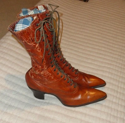 Antique Victorian Edwardian Women's Brown Leather Lace Up Tall Boots Shoes - Image 1 of 4