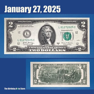 January 27, 2025 Birthday Anniversary $2 Two Dollar Bill Serial Number 01272025 - Image 1 of 2