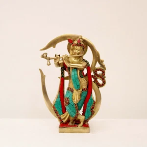 Statua Krishna ottone metallo Om scultura dio indù decorazione casa tempio divinità regalo - Foto 1 di 5