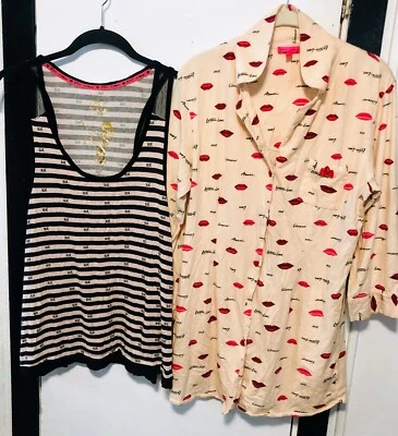 LOT OF 2 Betsey Johnson LARGE Sleep Shirt Tank Top Pink Red Black Lips Long CUTE - Image 1 of 4