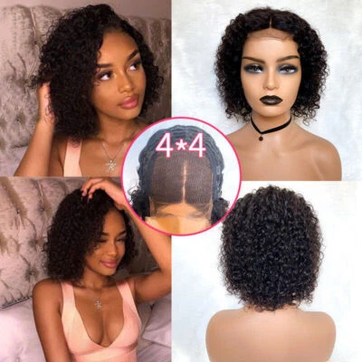 Short Curly Bob Wigs Brazilian Virgin Human Hair 4x4 Lace Front Wigs Kinky Curly - Image 1 of 4