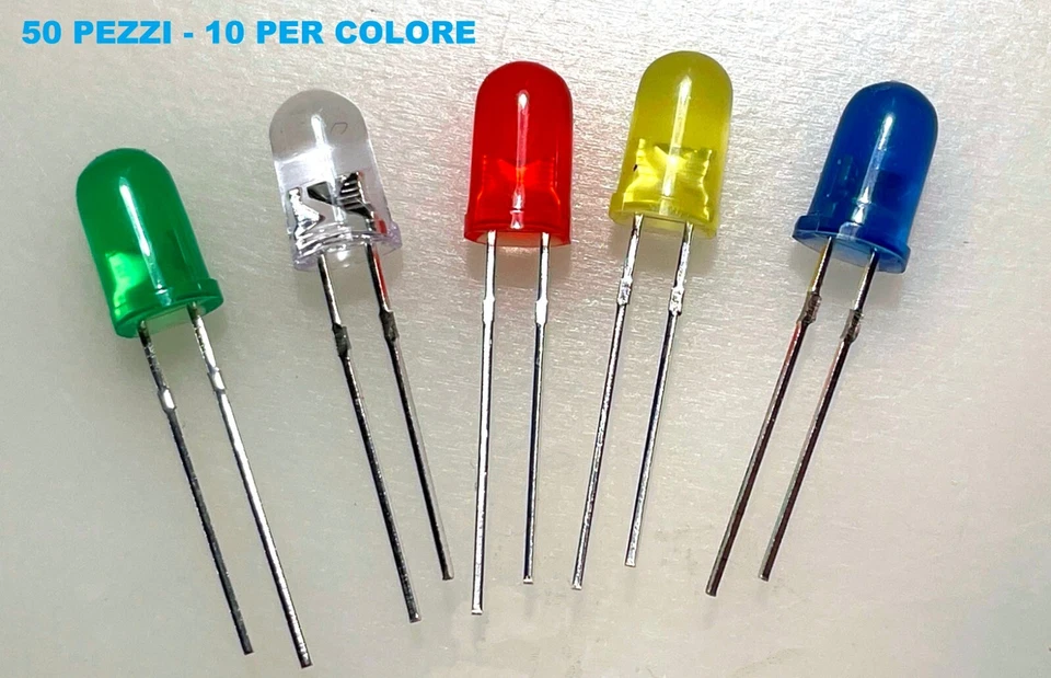 ( 50 PEZZI ) DIODO LED ALTA LUMINOSITA'  5 MM  VERDE  BIANCO  ROSSO  GIALLO  BLU - Immagine 1 di 1