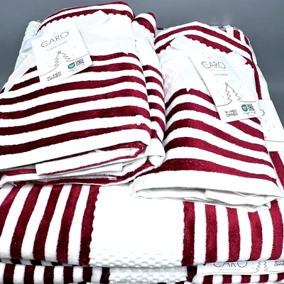 Juego de toallas de terciopelo de lujo 6 piezas Caro Navidad rojo blanco rayas 2 baños 2 manos 2 puntas Foto 1 de 4