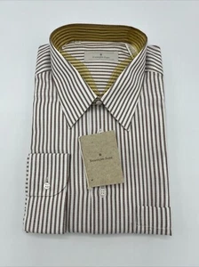 ERMENEGILDO ZEGNA Dress Shirt 17 /43 100% Cotton White Brown Stripe Spain NWT - Picture 1 of 11